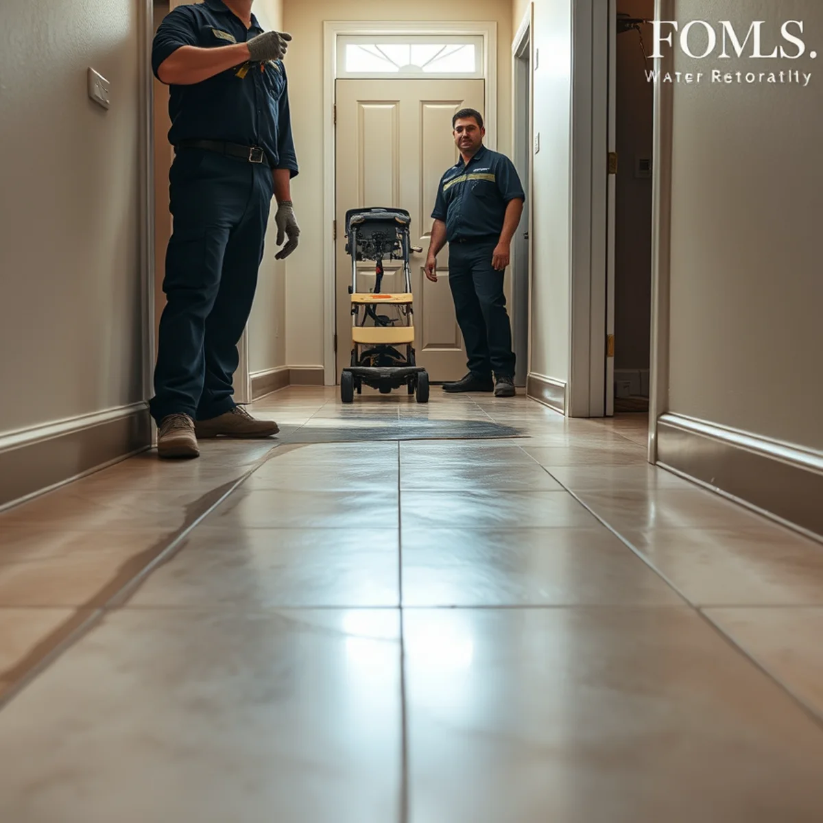 Water spreading evenly across a flat slab floor in West Fullerton, CA