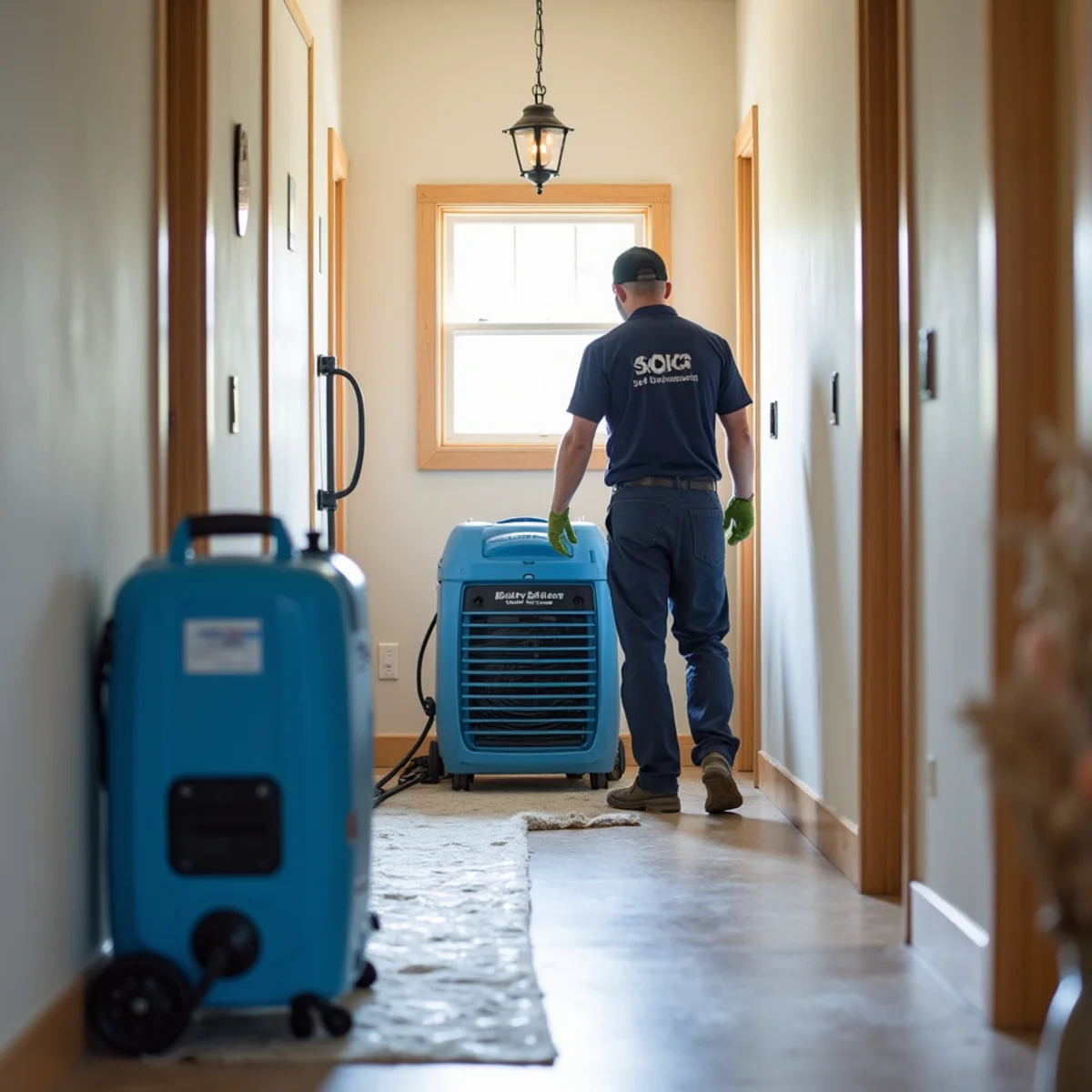 Air movers and a commercial dehumidifier drying a Fullerton, CA hallway