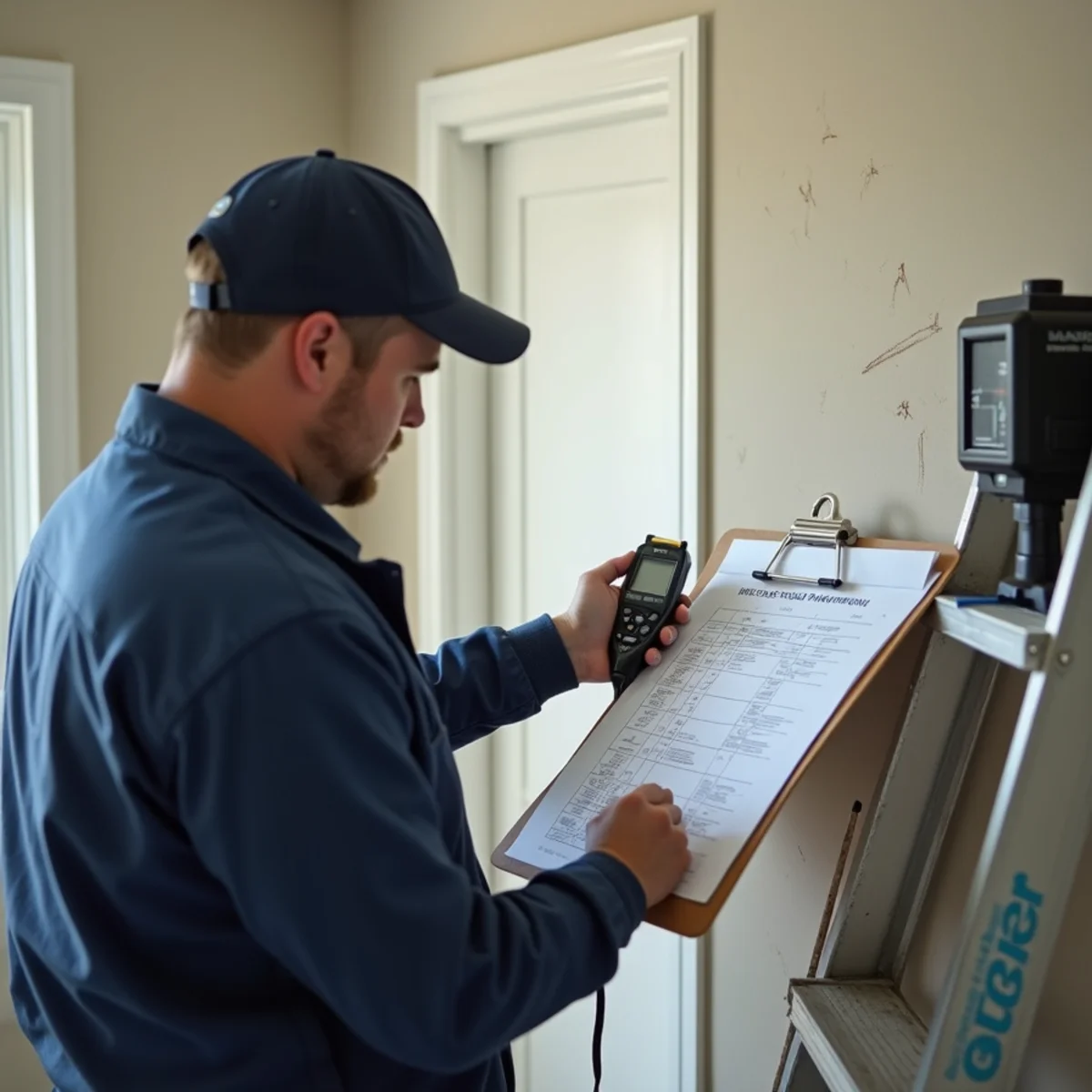 Technician recording moisture readings for a water damage insurance claim in Fullerton