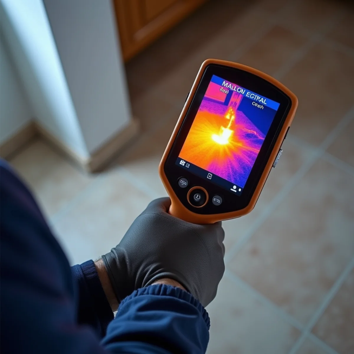 Thermal imaging showing a hot water slab leak plume in a Fullerton home