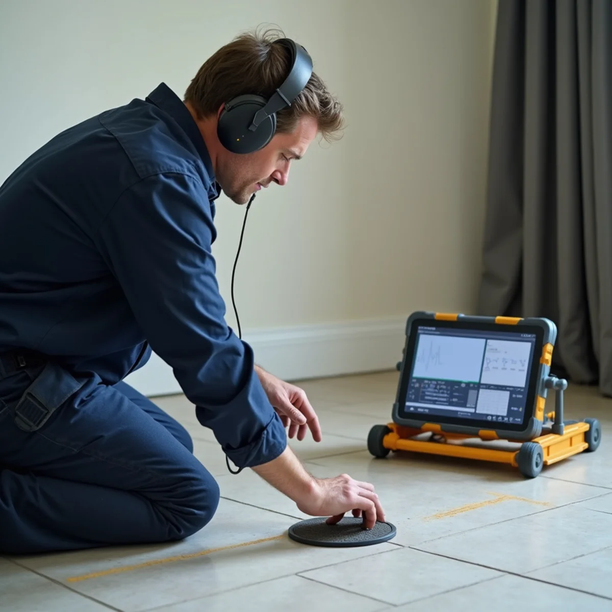 Acoustic ground microphone pinpointing a slab leak in Fullerton, CA