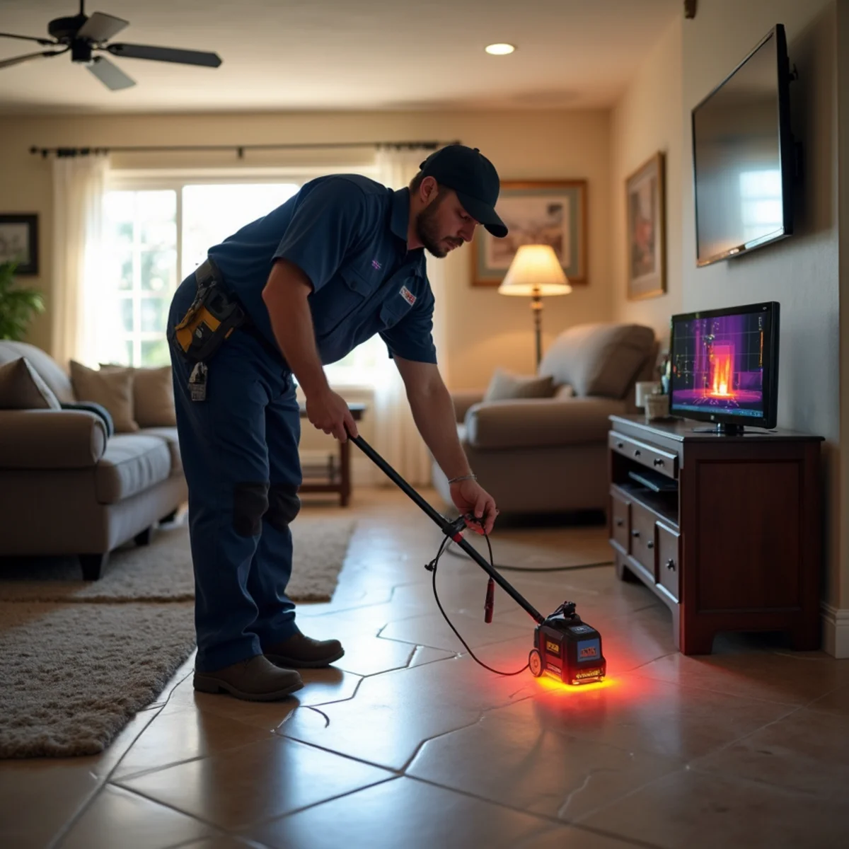 Technician using thermal imaging camera for hidden leak detection in a Fullerton, CA home
