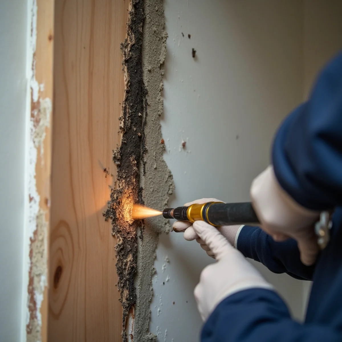 Mold growth found behind drywall after a water leak in a Fullerton home