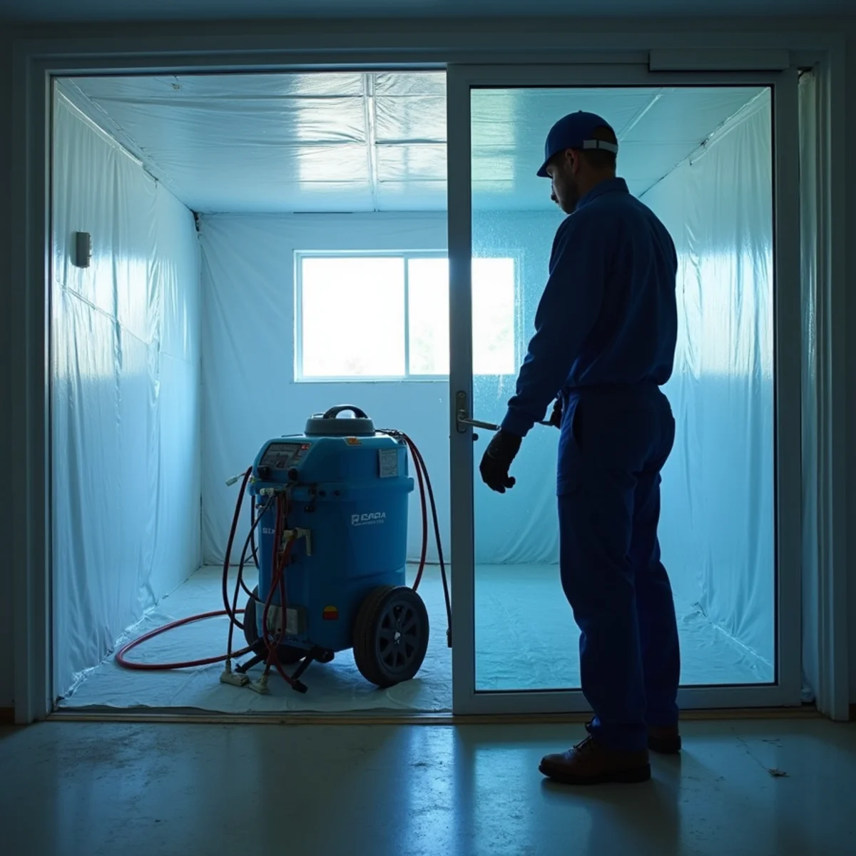 HEPA air scrubber filtering air inside a mold containment in Fullerton