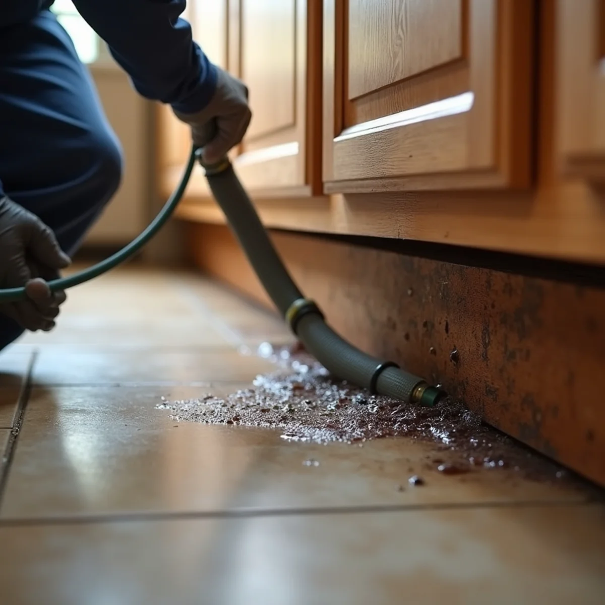 Drying the void under kitchen cabinets after water damage in Fullerton