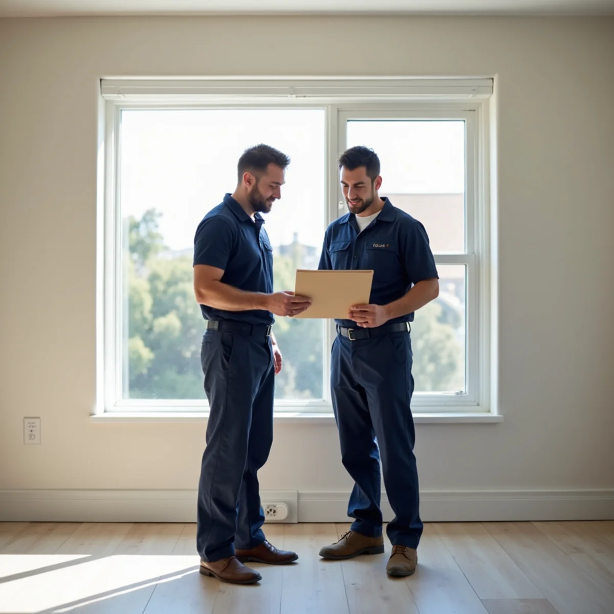 Homeowner and project manager reviewing completed water damage restoration in Fullerton, CA