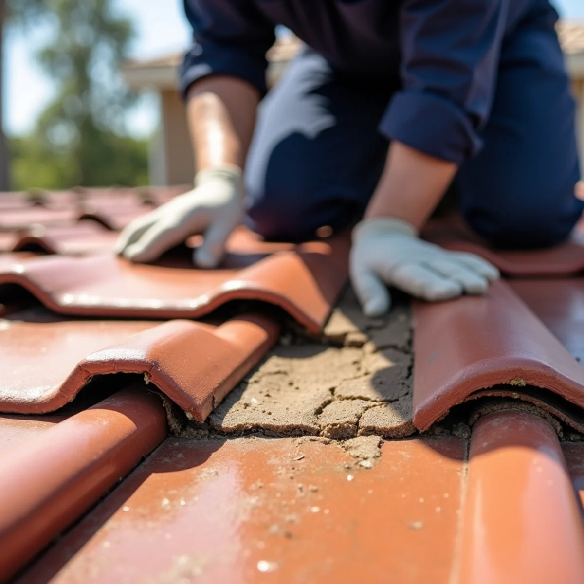 Aged underlayment failing beneath tile roofing on a Fullerton home