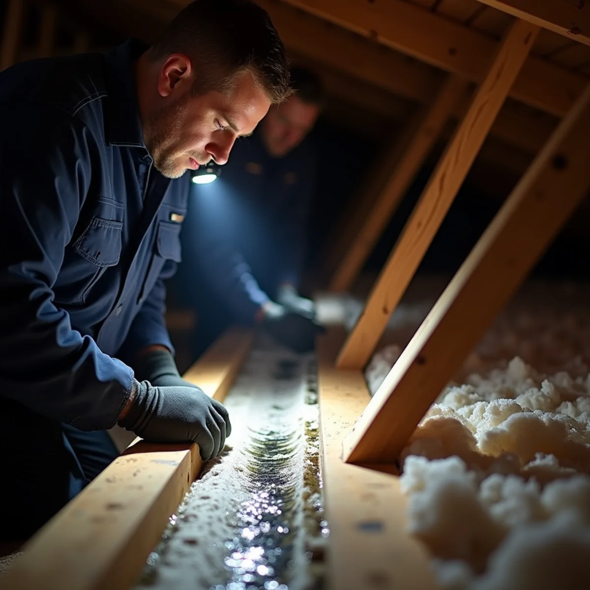 Roof leak water tracking along a rafter in a Fullerton attic