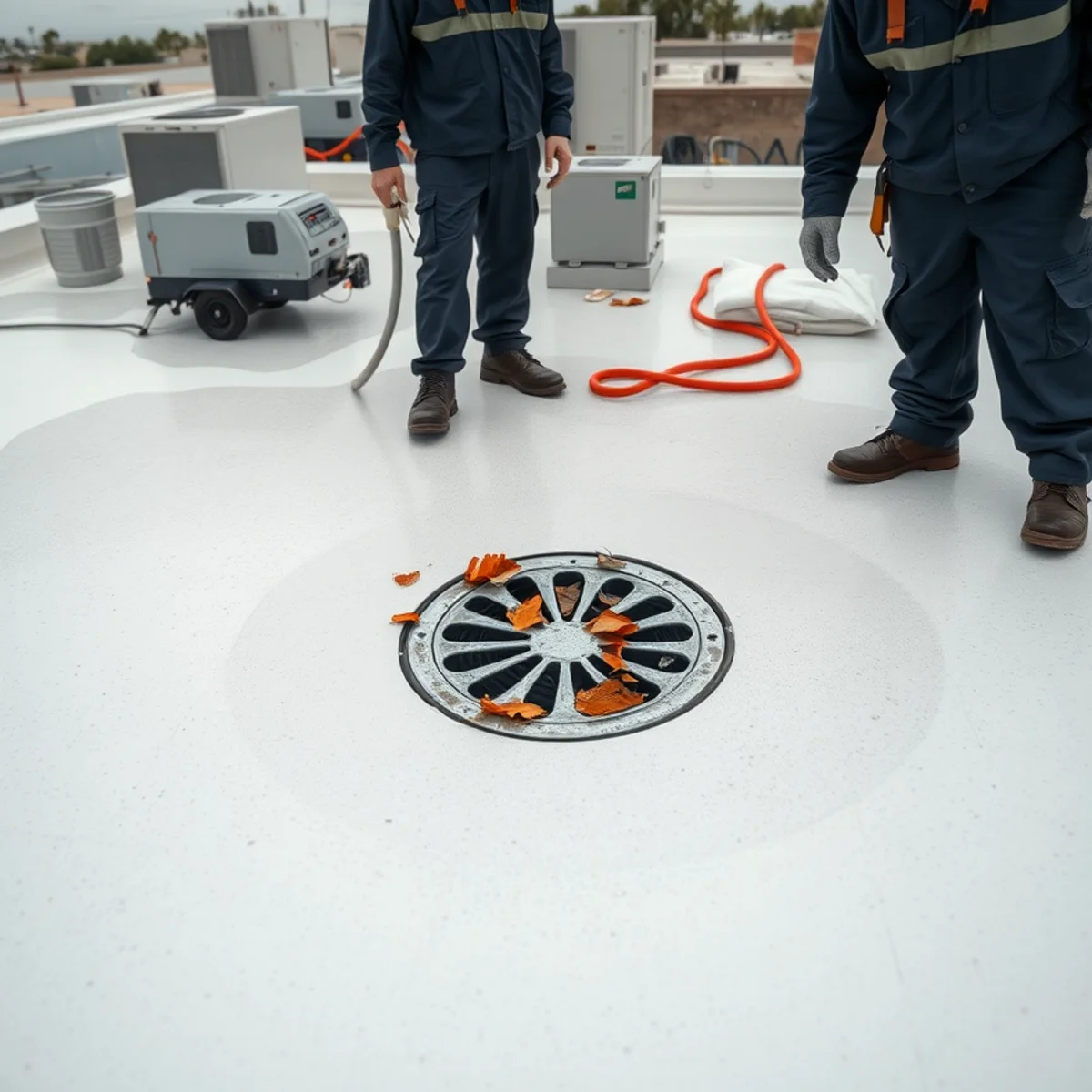 Ponding water on a flat commercial roof along the Artesia corridor