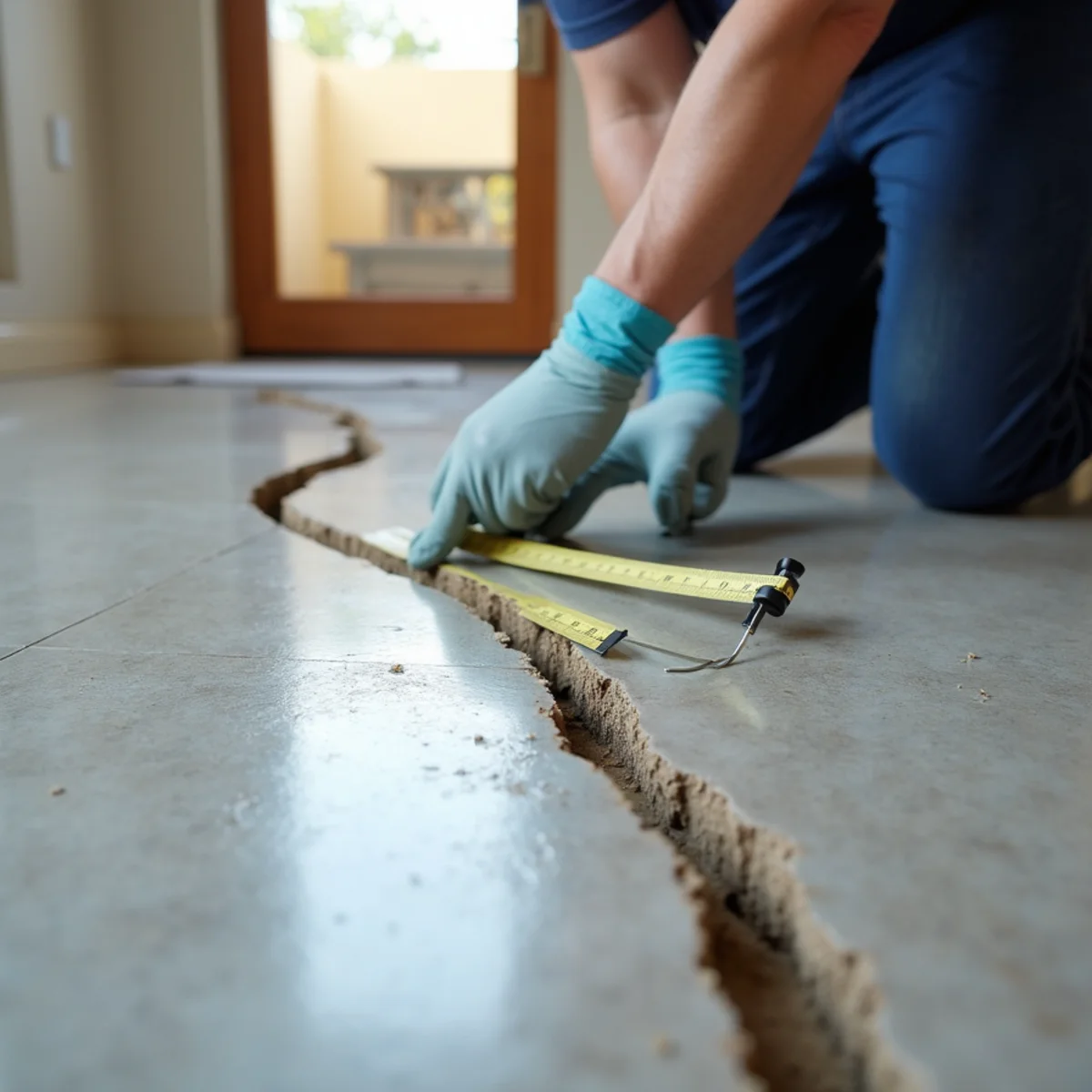 Surveying a clay-soil slab crack in a La Habra hillside home