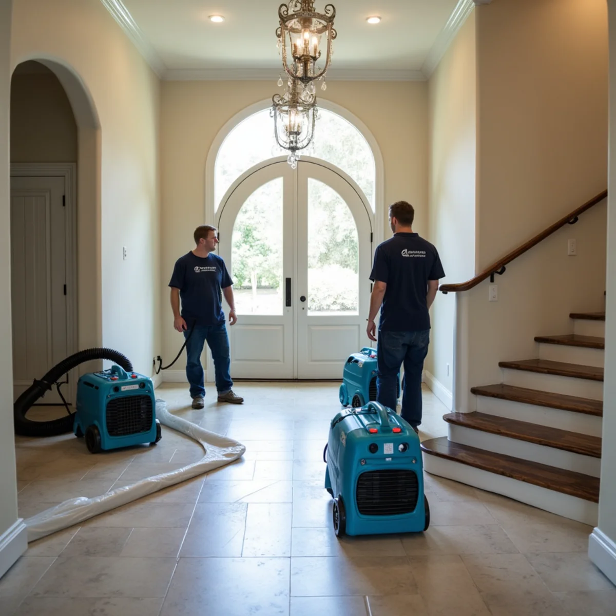 Drying equipment set across a La Habra Heights estate interior