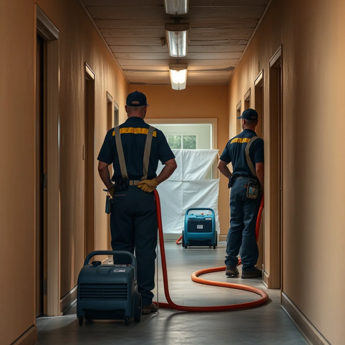 Water damage restoration crew working in a Santa Ana, CA apartment building