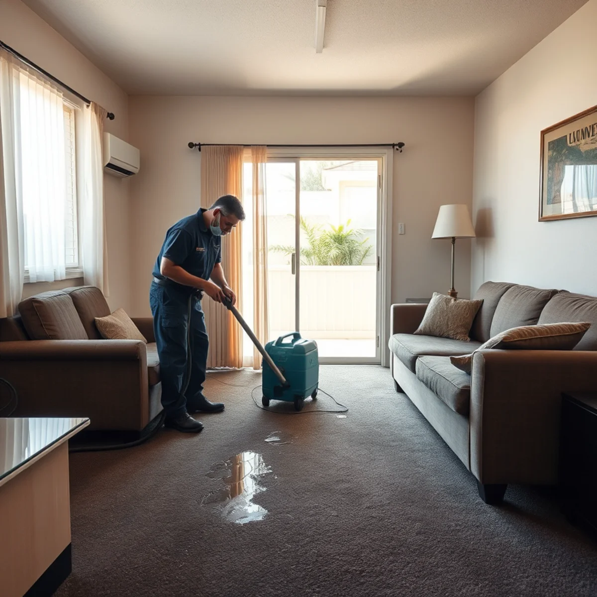 Water damage restoration technician in a Westminster, CA apartment