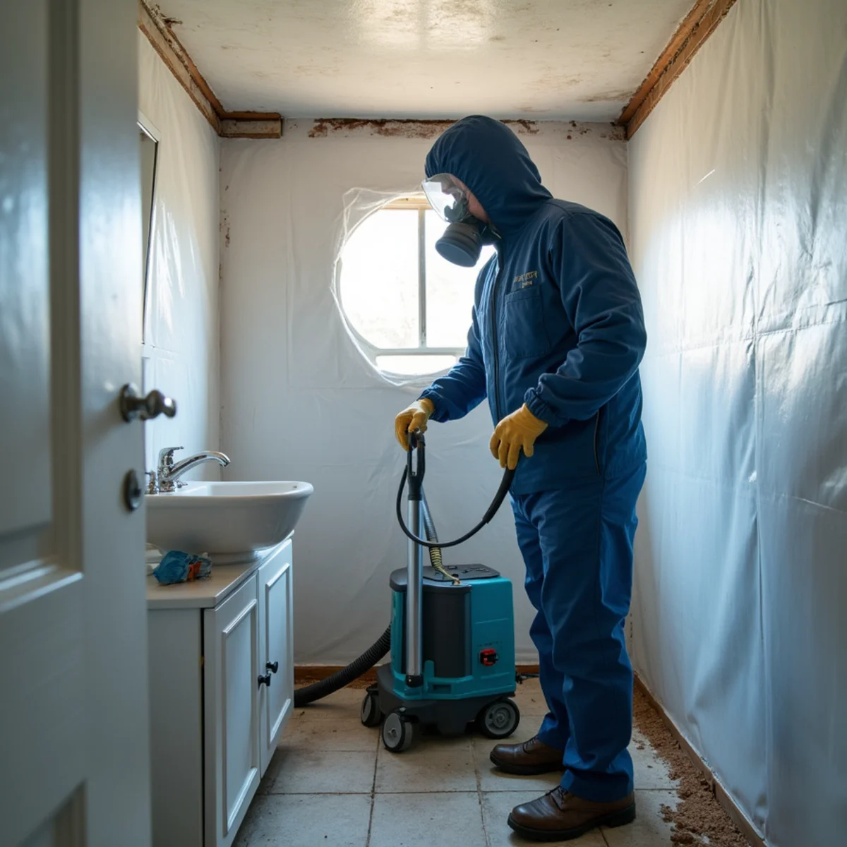 Technician in protective equipment performing sewage backup cleanup in a Fullerton, CA home