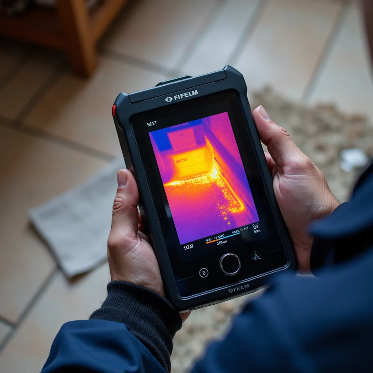 Thermal camera showing a hot water slab leak plume