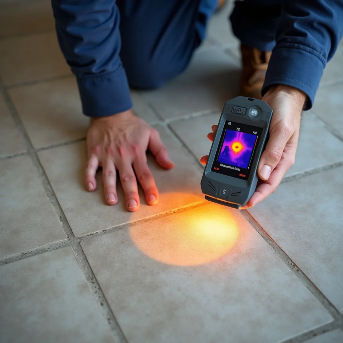 Warm spot on a slab floor indicating a hot water slab leak in Fullerton
