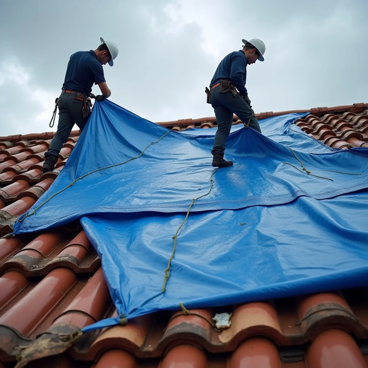 Emergency tarp secured over storm-damaged roofing