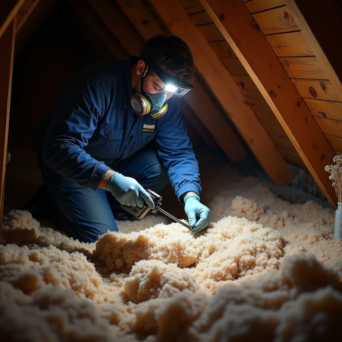 Removing storm-saturated attic insulation in a Fullerton home