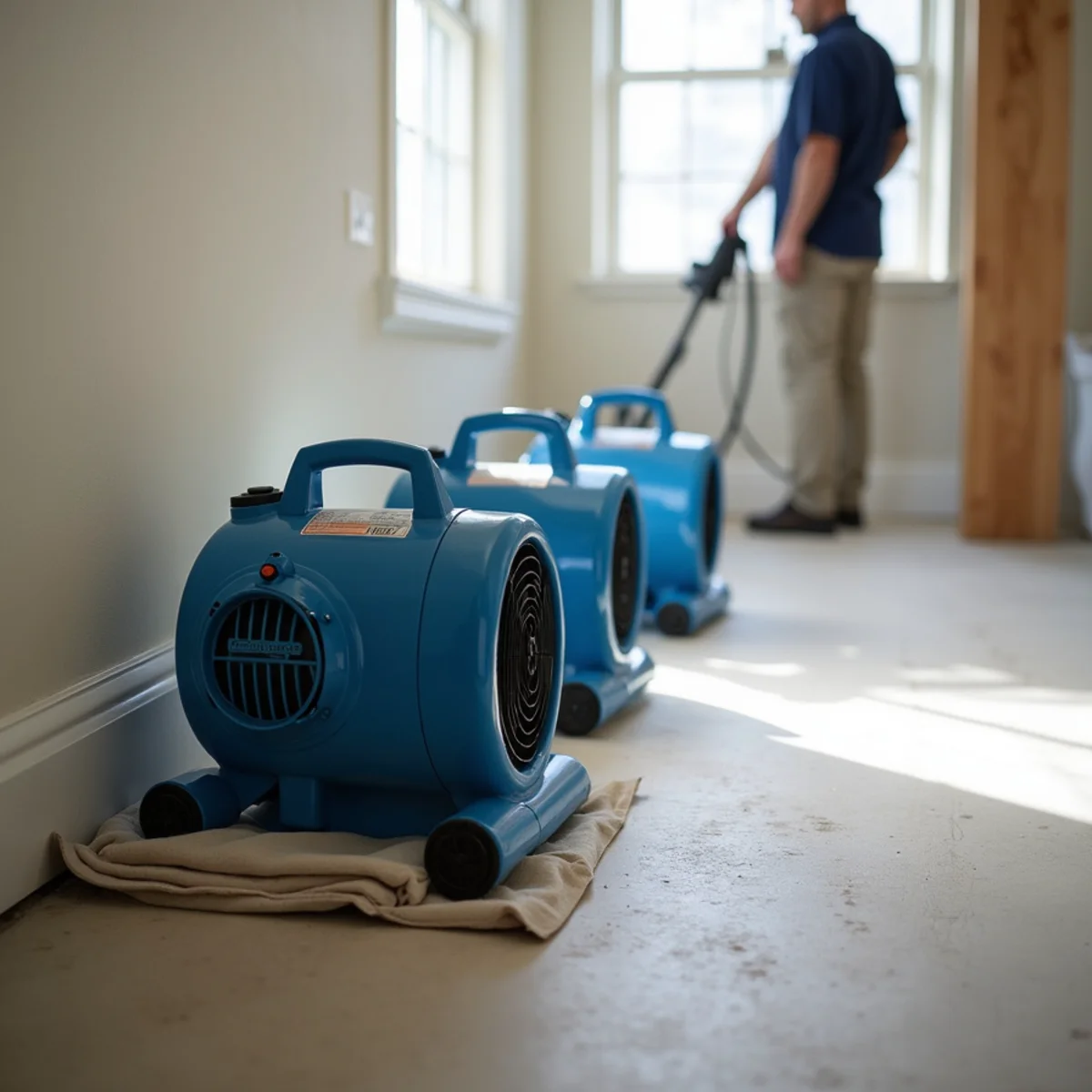 Air movers angled along skirting boards to dry a Fullerton wall assembly