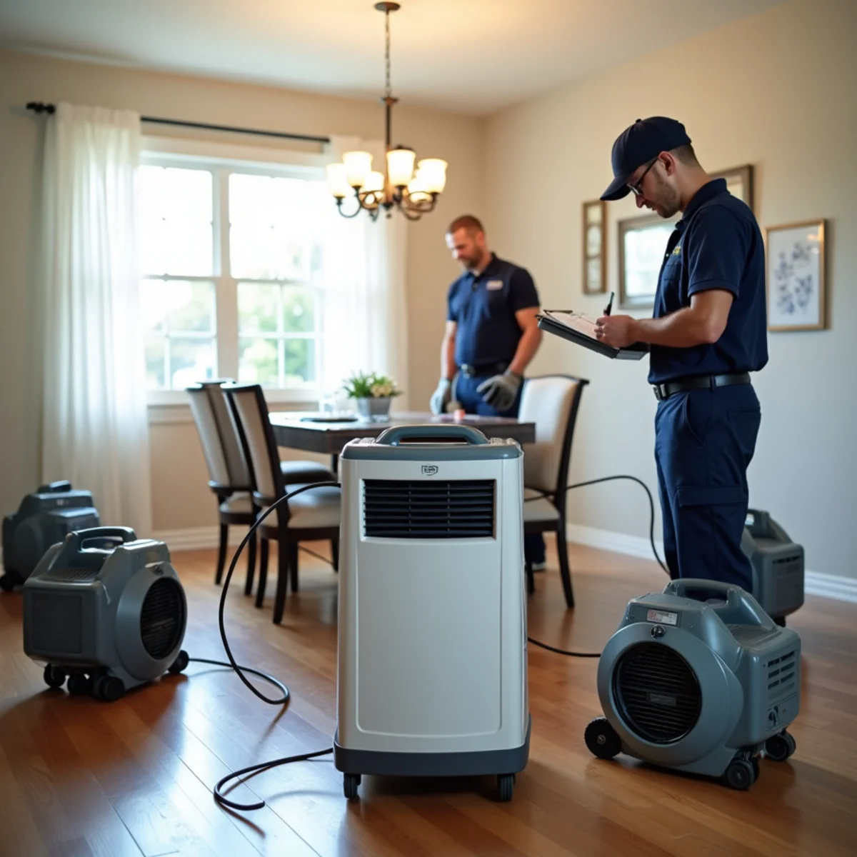 Air movers and a commercial dehumidifier drying a water damaged wall in a Fullerton, CA house