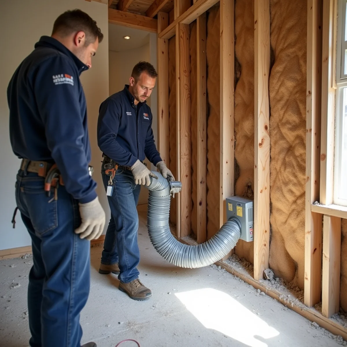Flood cut in drywall with wall cavity drying in a Fullerton home