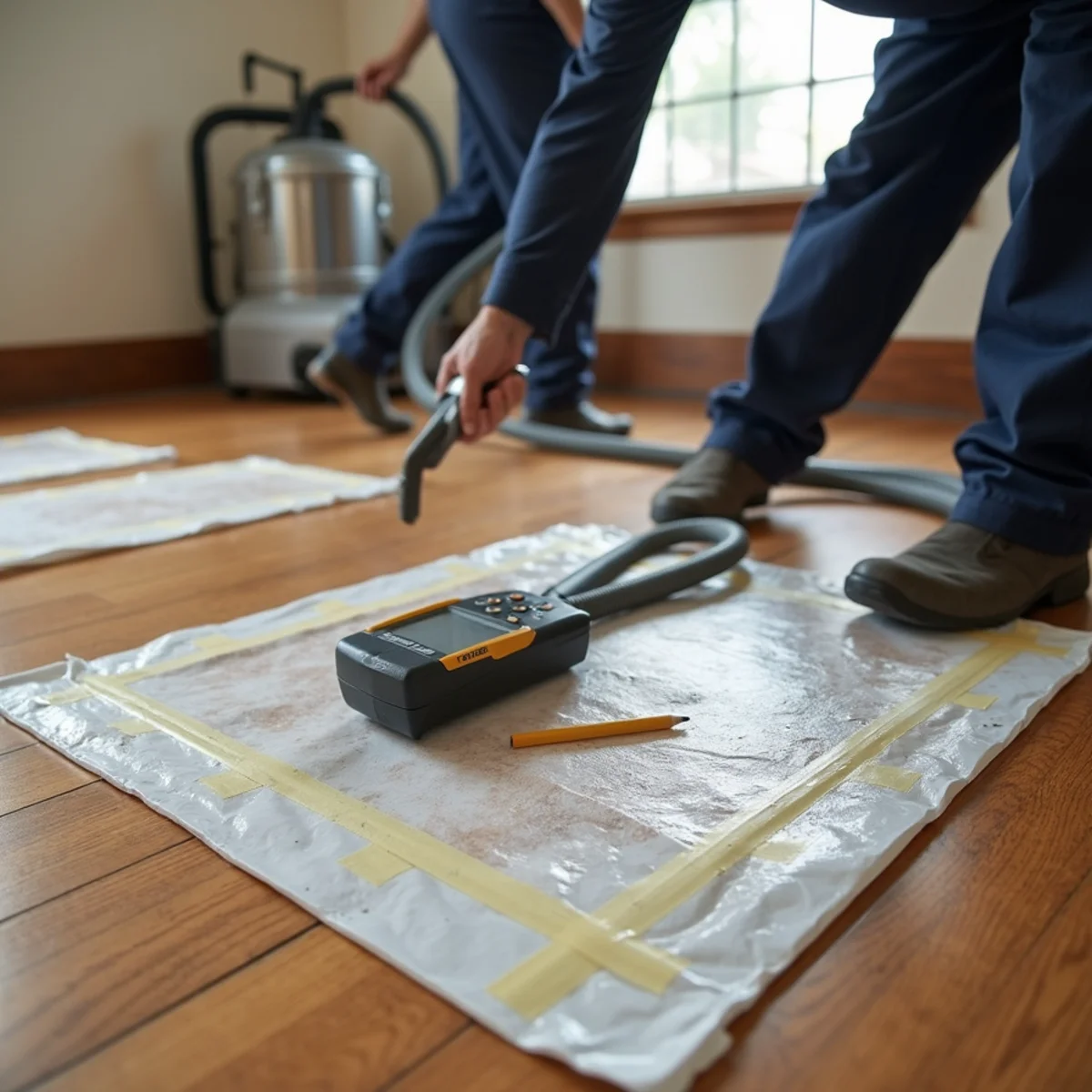 Floor drying panels pulling moisture from hardwood in a Fullerton home