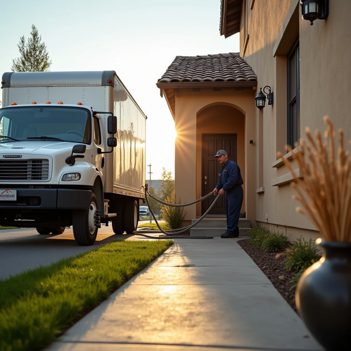 Truck-mounted extractor hose run into a Fullerton, CA property