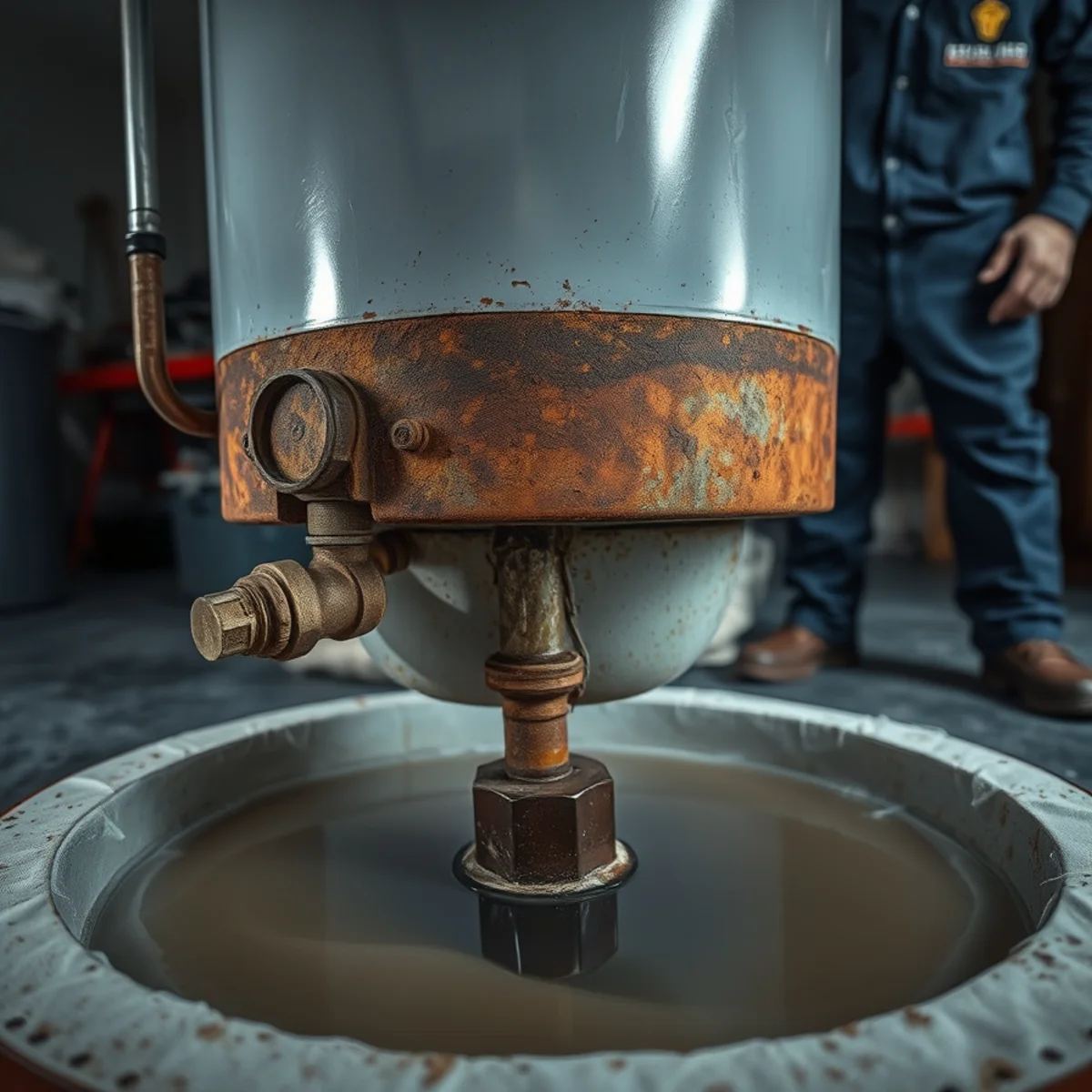 Corroded water heater tank leaking into its drip pan in a Fullerton garage