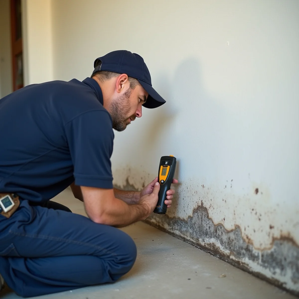 Metering the shared garage wall after a water heater leak in Fullerton
