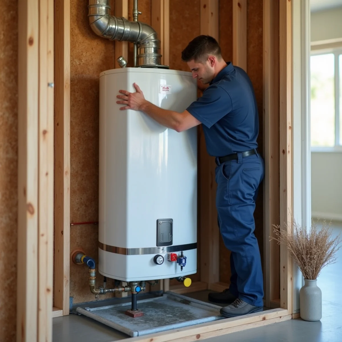 Technician checking a newly installed replacement water heater in a Fullerton, CA garage