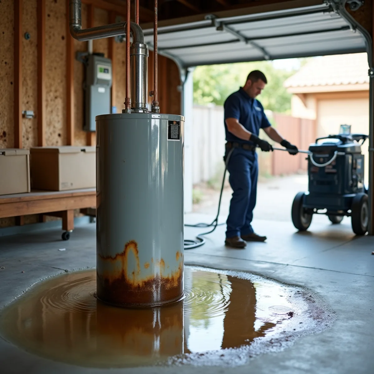Flooded garage from a failed water heater being cleaned up in Fullerton, CA
